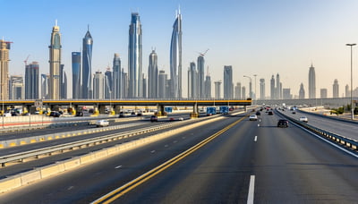 Dubai skyline with modern highways and toll gates