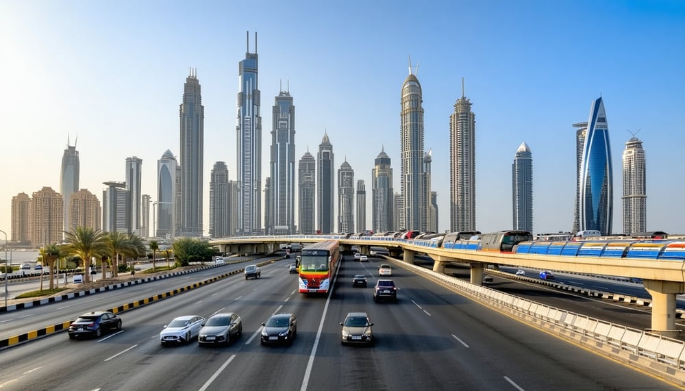Dubai skyline with modern transportation